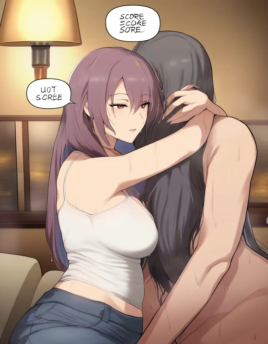 1woman, mature woman age 30, adult face, developed body, chestnut brown shoulder-length hair, looking at wet man, white camisole, ultra short grey hot pants, living room night, warm lamp, colorful manga, single panel, no speech bubble, no text, normal anatomy, (anime style:1.3), 2d, anime screencap, cel shading, flat color, @00osamio00