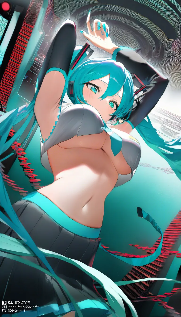 isobe, miku, bad id, bad pixiv id, 1girl, standing, aqua eyes, aqua hair, blue nails, breasts, detached sleeves, arms up, arms behind her head, female focus, from below, large breasts, long hair, looking down, nail polish, navel, gray sleeveless top,necktie, panties, solo, striped clothes, striped panties, twintails, underwear, showing her panty crotch on you,, (anime style:1.3), 2d, anime screencap, cel shading, flat color