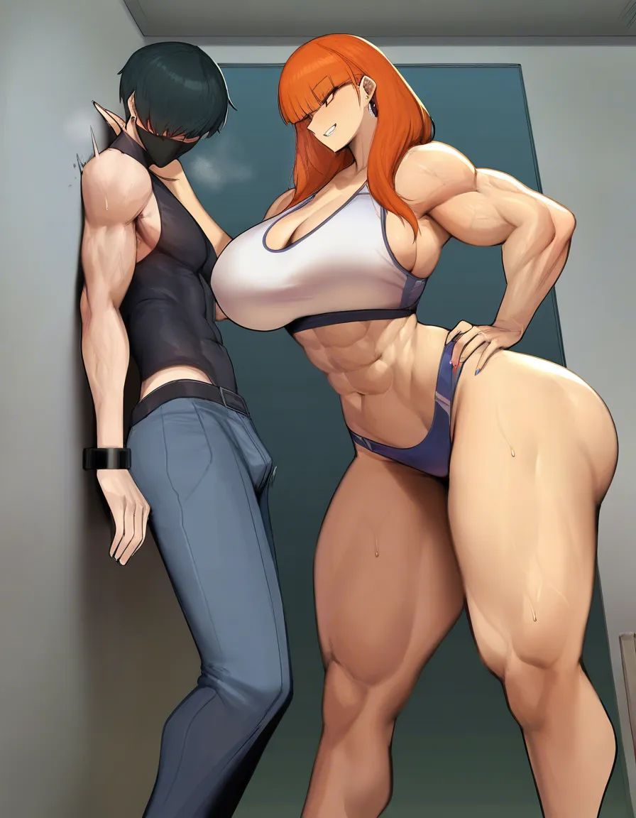 female ginger parted_bangs, male legs_up, submissive male, dominant female looking_at_another, male against_wall, hand_on_own_hip, male short_hair, female abs, female big biceps, female big shoulders, female thick_thighs, female huge_ass, large_breasts, narrow_waist male, nude domination, eye_contact, hentai_studio_quality