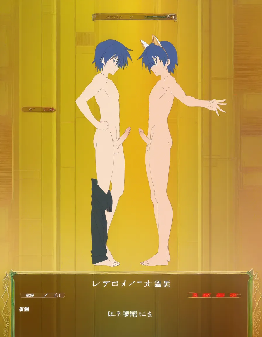 best quality, explicit detail, male focus, fake animal ears, pants, fully nude, visual novel art, (anime style:1.3), 2d, anime screencap, cel shading, flat color