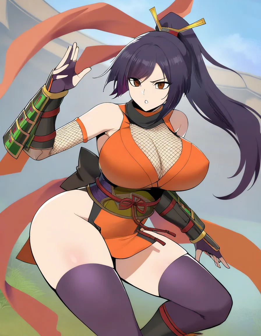 kaede_(onimusha_warloads) female ninja orange_clothes japanese_clothes orange_mini_skirt black_hair short_hair low_ponytail short_ponytail, bare_shoulders bare_thigh, brown_eyes,gauntlet, thighhighs,, huge_breasts, hentai_studio_quality,  orange_panties highleg_panties, upper_clothes_color_orange, partially_visible_vulva, hentai_studio_quality, hentai_studio_quality, hentai_studio_quality