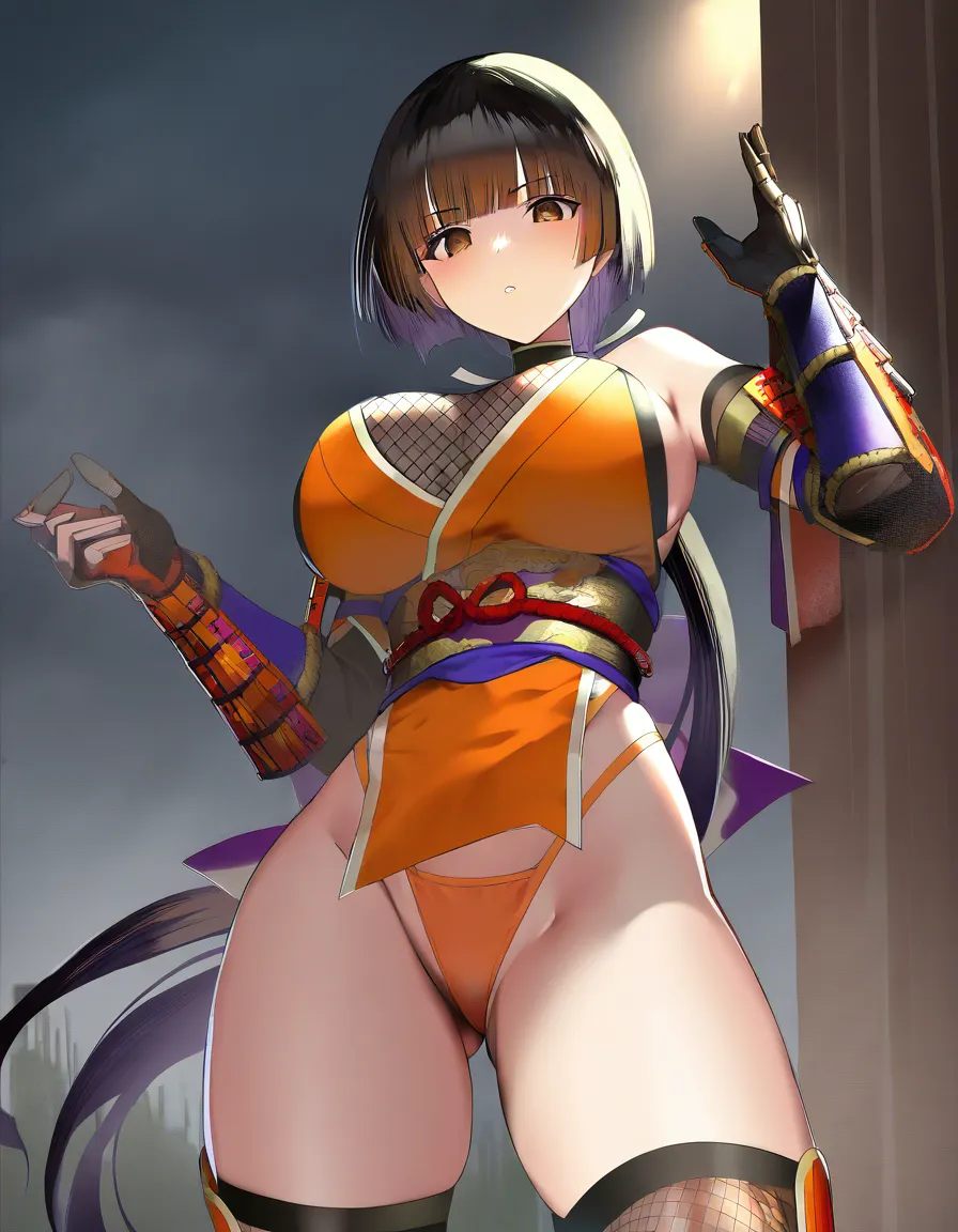 {kaede_(onimusha)} solo female ninja orange_clothes japanese_clothes orange_mini_skirt black_hair short_hair (((low_ponytail short_ponytail))), bare_shoulders bare_thigh, brown_eyes,gauntlet, thighhighs,, orange_panties highleg_panties, upper_clothes_color_orange,  (((female erection_clitoris))),　no_penis hentai_studio_quality, hentai_studio_quality