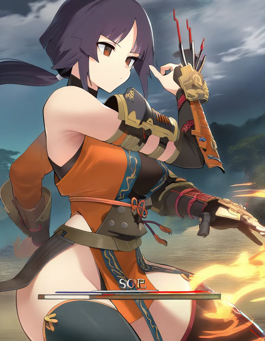 kaede_onimusha  female ninja orange_clothes japanese_clothes upper_body_orange_clothes orange_mini_skirt {black_hair side_bangs low_ponytail short_hair }, bare_shoulders bare_thigh, brown_eyes,gauntlet, thighhighs, short_sideburns,, highleg_panties  orange_panties,, hentai_studio_quality
