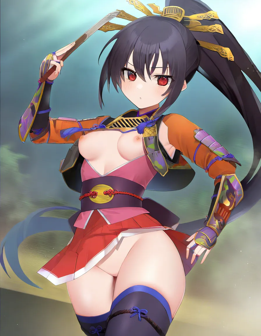 yagyu_jubei_akane_onimusha_dawn_of_dreams 1girl cherry_pink_vest japanese_clothes (mini_skirt) black_hair long_hair (((left_side_ponytail)))bare_thigh, ,gauntlet, thighhighs,, small_breasts upper_body_black_inner, thick_thighs, (height_150cm),,  red_eye,, sports_pants huge_ass from_behind hentai_studio_quality, hentai_studio_quality, hentai_studio_quality, hentai_studio_quality