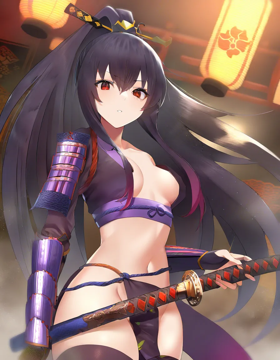 yagyu_jubei_akane_onimusha_dawn_of_dreams 1girl cherry_pink_vest japanese_clothes black_hair long_hair (((left_side_ponytail)))bare_thigh, ,gauntlet, thighhighs,, small_breasts upper_body_dark_purple_inner, thick_thighs, red_eye, pantyshot , huge_ass, hentai_studio_quality, hentai_studio_quality