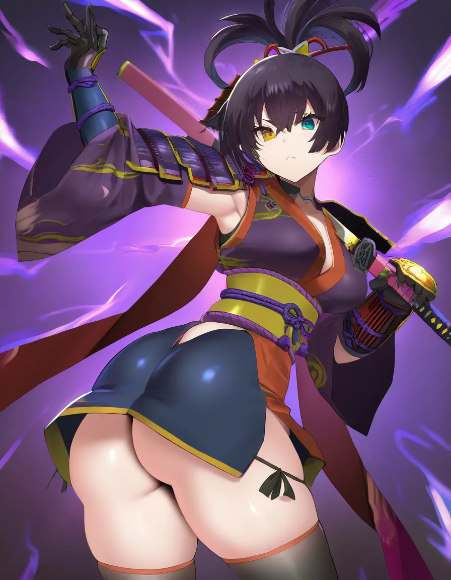 female_yagyu_onimusha 1girl cherry_pink_vest japanese_clothes black_hair short_hair (((ponytail))) bare_thigh,  ,gauntlet, thighhighs,,  medium_breasts upper_body_dark_purple_inner, thick_thighs, heterochromia, shorts , huge_ass,, hentai_studio_quality, hentai_studio_quality, hentai_studio_quality, hentai_studio_quality
