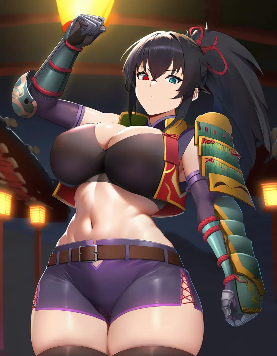 female_yagyu_onimusha 1girl cherry_pink_vest japanese_clothes black_hair  (((ponytail))) bare_thigh,  ,gauntlet, thighhighs,,  medium_breasts upper_body_dark_purple_inner, thick_thighs, heterochromia, short_shorts , curvy, hentai_studio_quality
