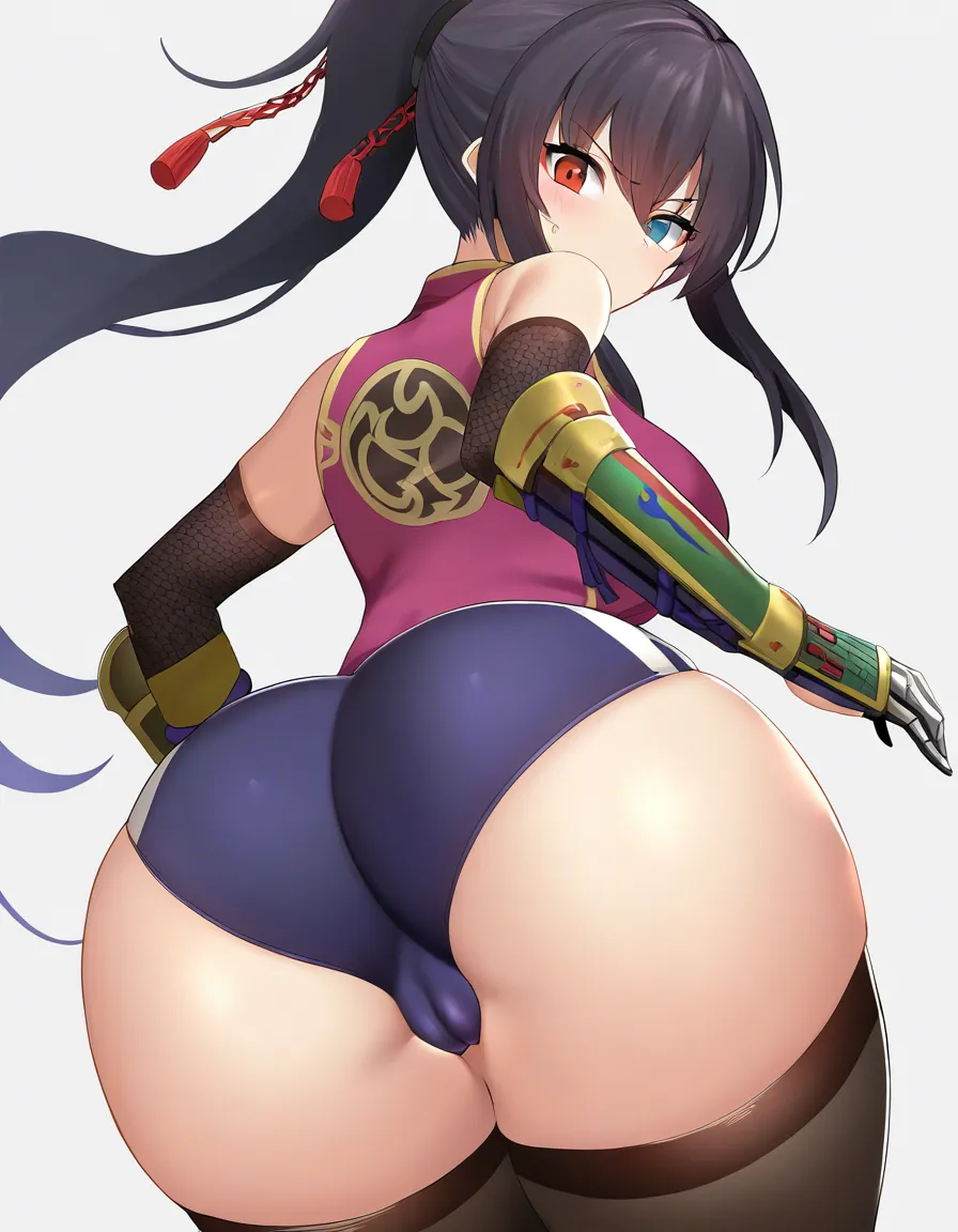 female_yagyu_onimusha 1girl cherry_pink_vest japanese_clothes black_hair (((ponytail))) bare_thigh, ,gauntlet, thighhighs,, upper_body_dark_purple_inner, thick_thighs, heterochromia, buruma , cameltoe hentai_studio_quality, hentai_studio_quality, hentai_studio_quality, hentai_studio_quality, hentai_studio_quality