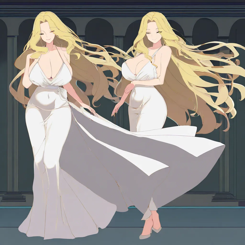 masterpiece, best quality, ultra-detailed, 8k uhd, anime style, 1girl, mature female, milf, beautiful detailed face, seductive smile, half-closed eyes, long blonde hair, wavy hair, hair flowing in wind, standing, full body, white dress, greek goddess dress, flowing white gown, toga, see-through silhouette, holding flower, white lily, lily stems in both hands, elegant pose, marble pergola, ancient greek architecture, white columns, winding branches, lily leaves, garden background, soft lighting, cinematic composition, depth of field, detailed background, ethereal atmosphere EGASMENTMENCESSYSCOWNESSURRISMANCOMICEDOWELOOTINGLODSMUCHIREGARL, hentai_studio_quality