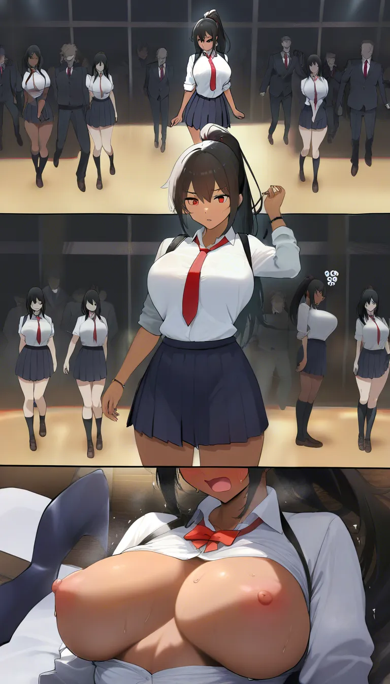 multiple_views, multiple_boys , 1girl , school_uniform , high_ponytail , large_breasts, dark-skinned_female. First scene: standing , nervous, clothed, full_body, tight_clothes. Second scene: embarrassed, dominated, on_back, submissive, breasts out, paizuri , hands_up, crying, cum, fellatio., hentai_studio_quality, hentai_studio_quality, hentai_studio_quality, hentai_studio_quality, hentai_studio_quality