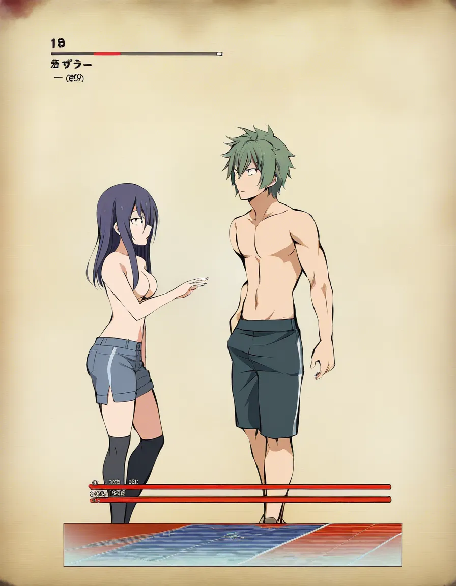 masterpiece, clean art, couple, shorts, topless, medium shot, visual novel art, hentai_studio_quality