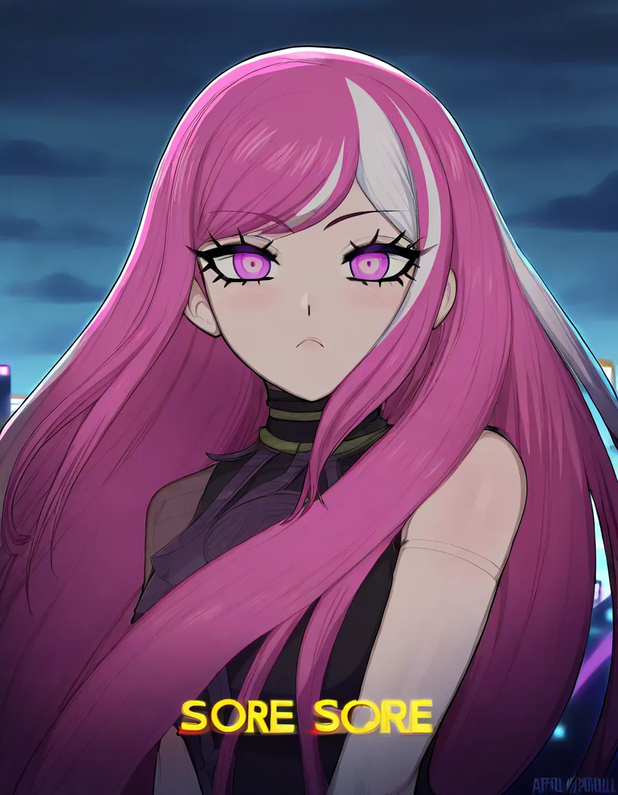 afrobull_artstyle, @shinigami_(rain_code), master_detective_archives:_rain_code, 1girl, solo, very_long_hair, swept_bangs, two-tone_hair, multicolored_hair, pink_hair, white_hair, hair_down, purple_eyes, purple_nails, demon_horns, black_horns, nude, large_breasts, naughty_face, looking_at_viewer, facing_viewer, eye_contact, hentai_studio_quality