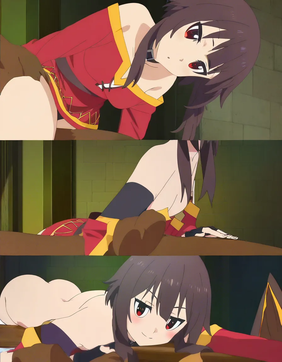 masterpiece, @megumin , small_breasts , small_butt , seductive_smile , on_stomach , looking_up ,, (anime style:1.3), 2d, anime screencap, cel shading, flat color ,, (anime style:1.3), 2d, anime screencap, cel shading, flat color