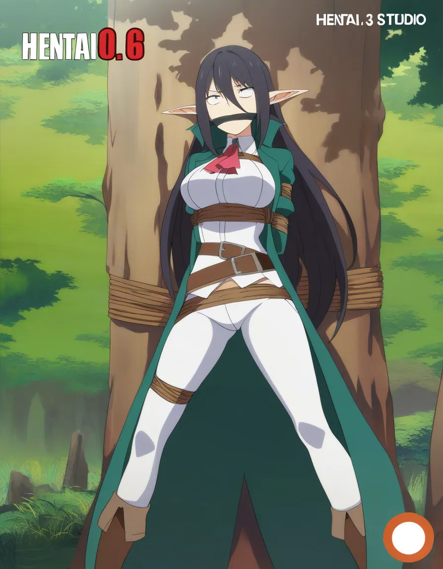 masterpiece, best quality, elf girl, standing, pants, bondage, day, anime style, hentai_studio_quality