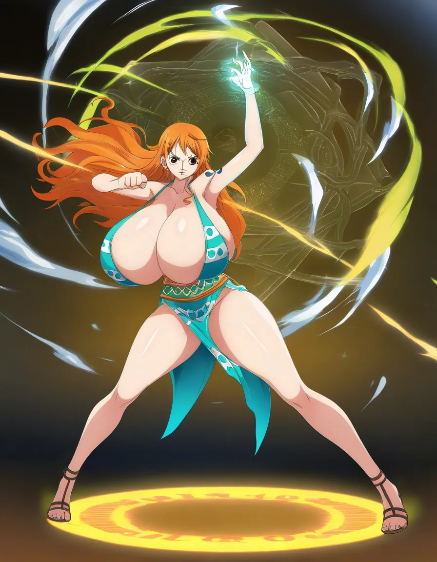 ultra detailed, best quality, Nami from One piece, Gigantic Breasts as big as melons, fighting_stance doujin style, hentai_studio_quality, full_body, hentai_studio_quality high_heels magic, hentai_studio_quality