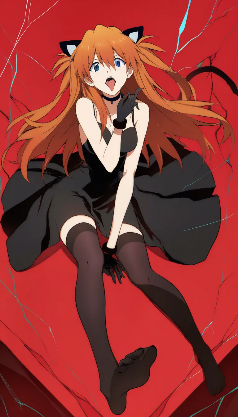 @souryuu_asuka_langley #black_gloves #dress #cat_ears #solo #feet #choker #thighhighs #knees_together_feet_apart
Feet directed to viewer #tongue, hentai_studio_quality