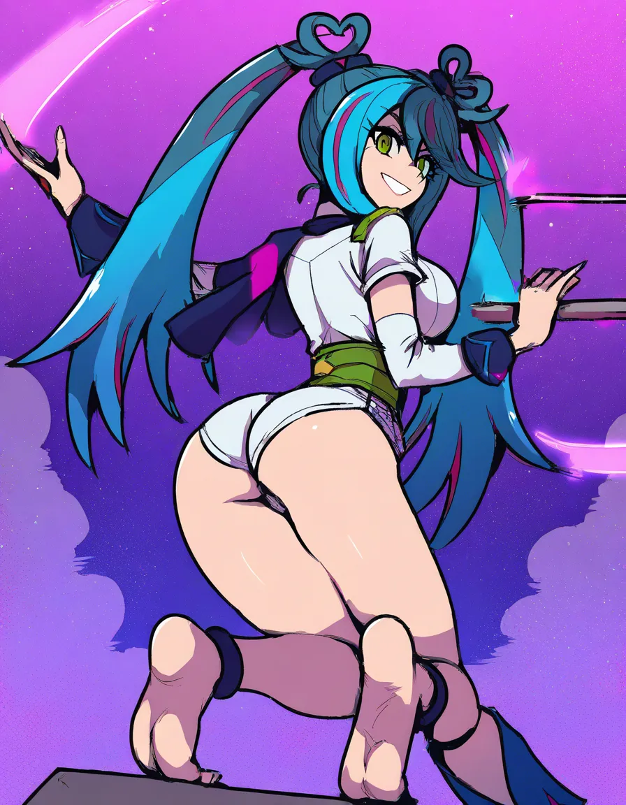#akairiot_artstyle, @blue_angel_(yu-gi-oh!), @zaizen_aoi, yu-gi-oh!, yu-gi-oh!_vrains, 1girl, solo, ass, long_hair, blue_hair, twintails, streaked_hair, heart_shaped_hair, heart_earrings, clover_facial_mark, purple_eyes, white_shirt, black_choker, blue_skirt, wings, grin, standing, looking_back, from_behind, hentai_studio_quality
