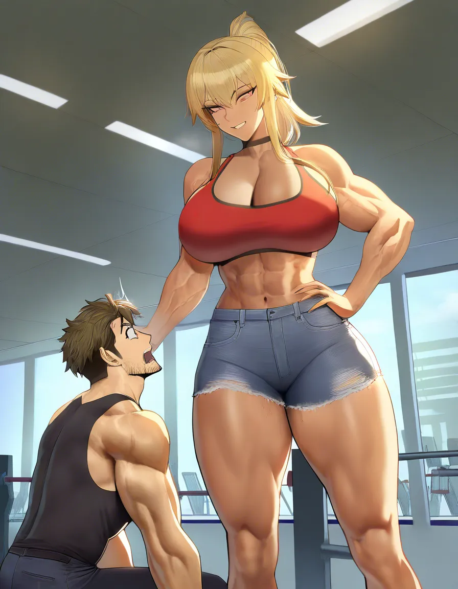 Giant muscular_female, man stubble, adults, size_difference, huge height_difference, female blonde_hair short_hair_with_long_locks, female crop_top denim_shorts indoors gym, femdom, dominant female looking_at_another, male facing_another looking_up surprised, breast_press, intimate, teasing, nervous blush male looking_up , female standing tall, male black medium_hair, petite male, femdom, female abs, female big biceps, female big shoulders, female thick_thighs, female huge_ass, female wide_hips, huge_breasts, gigantic tall female, bulging nipples, male sitting_on_lap male legs_up, male bulge, male narrow_waist, domination, eye_contact, aged_up, hentai_studio_quality