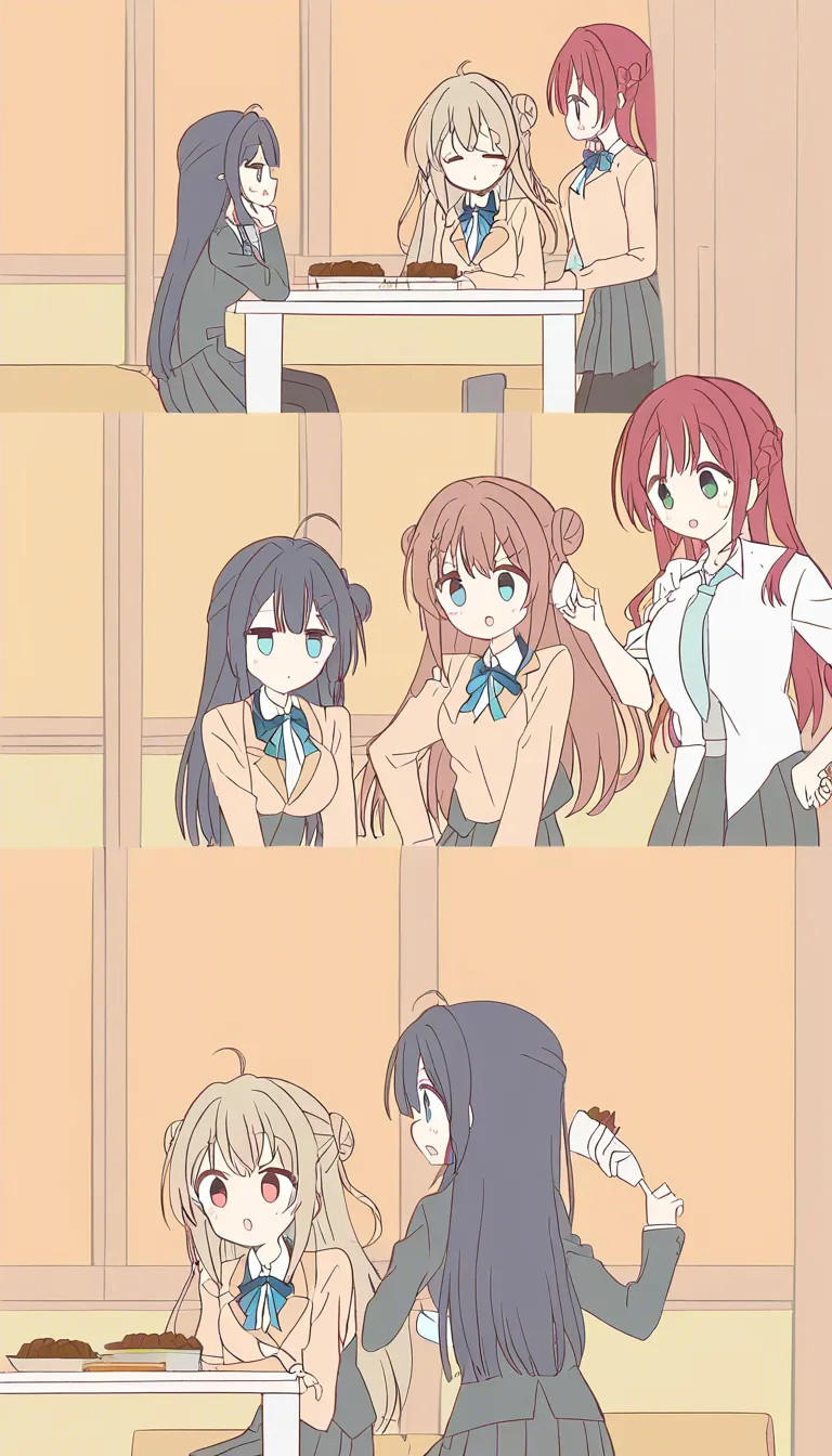 ultra HD, lifelike, 3girls, hand on own hip, food, fingering, table, over the shoulder, golden hour, 8k uhd photo