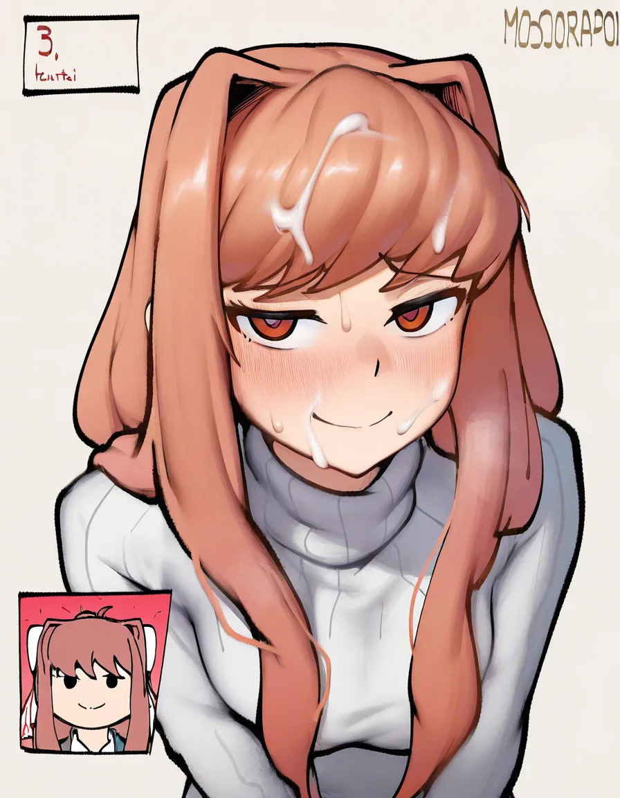 #sorapoi_artstyle, @monika_(doki_doki_literature_club), 1girl, hair_down, embarrassed, smile, white_turtleneck_sweater, cum, facial, facing_viewer, upper_body, hentai_studio_quality