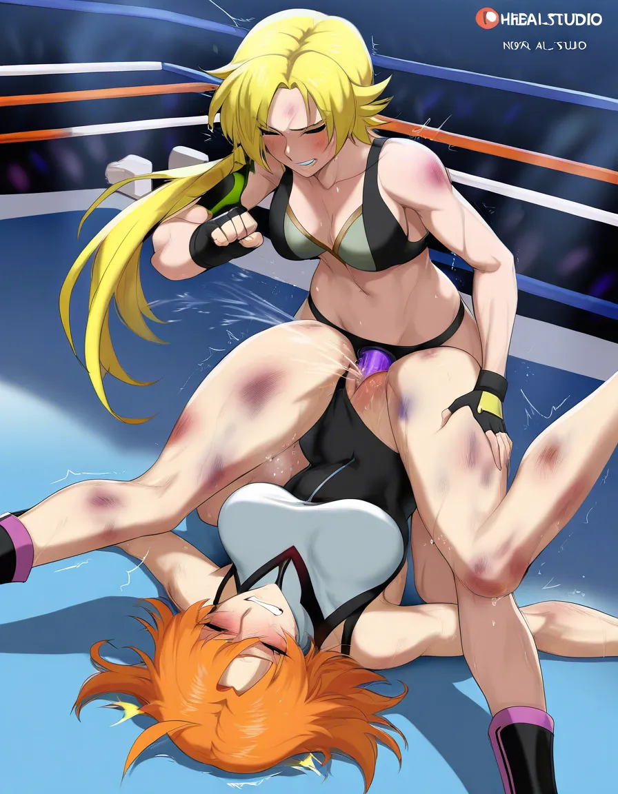 @sailor_uranus_blonde_hair , nora_valkyrie_(rwby)_orange_hair short_hair , 2girls yuri sex , wrestling_ring, wrestling orgasm pussy_juice, defeated, squirting , bruised, sweat from_side strap-on vaginal, hentai_studio_quality, hentai_studio_quality