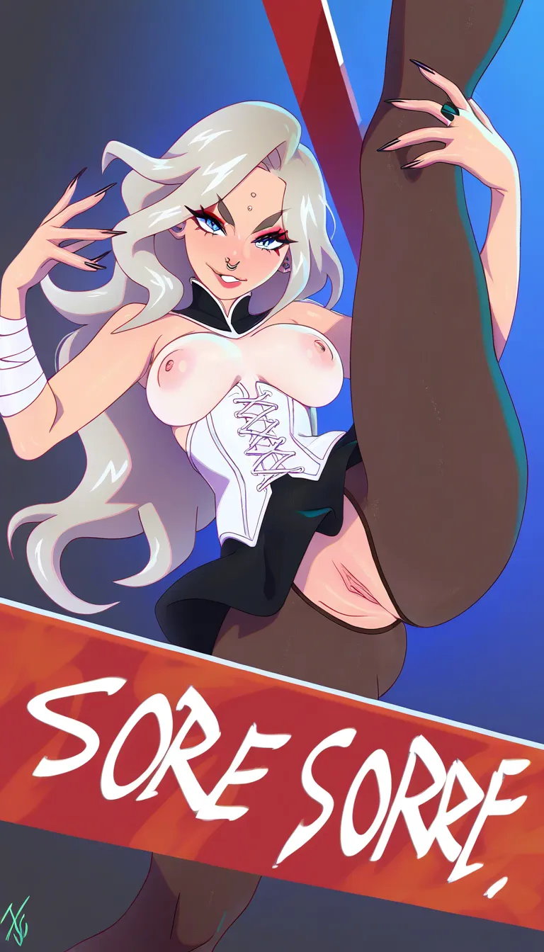 Kajinman art style, mamimi art, accurate anatomy, platinum blonde hair, wavy bob hair, messy hair, open clear forehead, blue eyes, half closed eyes, nose side ring piercing, seductive, wearing white corset, white ribbons on arms, black miniskirt, black pantyhose, crotchless, black choker, uncensored, blush, shy, ahegao, orgasm, rolling eyes, ruined evening makeup, laying on back, legs up, soles, bedroom, dark bed, full body view, exposed breasts, wet pussy, puffy perky nipples, nipple piercing, high angle view, pov male, big veiny penis, love hearts, japanese moaning sound effects, missionary pose sex, extremely vaginal penetration, rough sex, mating press, viewer grabbing hips, small perky breasts, exposed breasts, spread legs, deep penetration, happy smiling, soles up, hentai_studio_quality