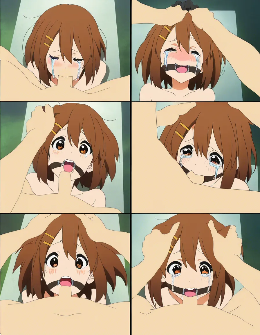 wearing a open mouth gag, deepthroat, oral, bondage, crying, petite, embarrassed, suffocating, hands on her head, @hirasawa_yui,, (anime style:1.3), 2d, anime screencap, cel shading, flat color