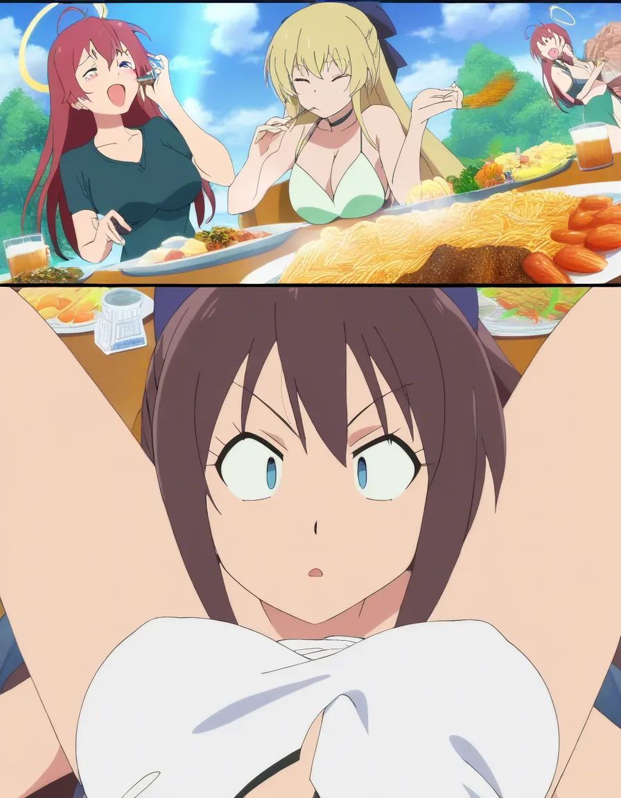 best quality, explicit detail, 3girls, food, futanari, POV, manga panel look, (anime style:1.3), 2d, anime screencap, cel shading, flat color