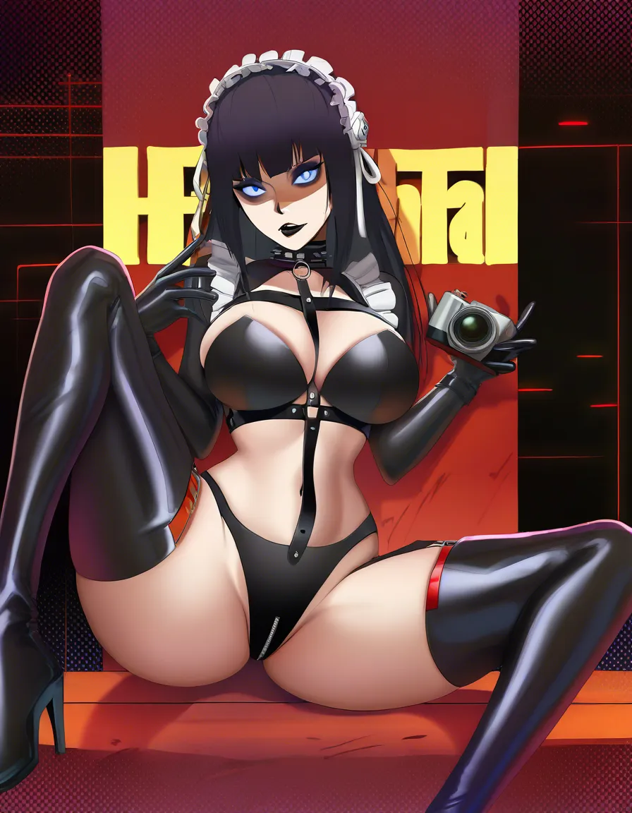 goth trans woman with split red and black hair, she is in a pvc catsuit has smokey make up and black lipstick. she has c-cup and wide waist while still being skinny , she is lounging crotch facing the camera, hentai_studio_quality