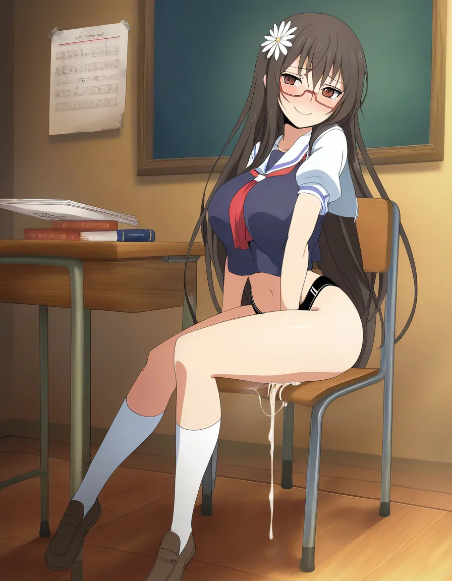 masterpiece, best quality, fitness model, flower, blowjob, shy smile, visual novel art cum_in_pussy cumdrip leg_up no_panties school_desk school_uniform, hentai_studio_quality