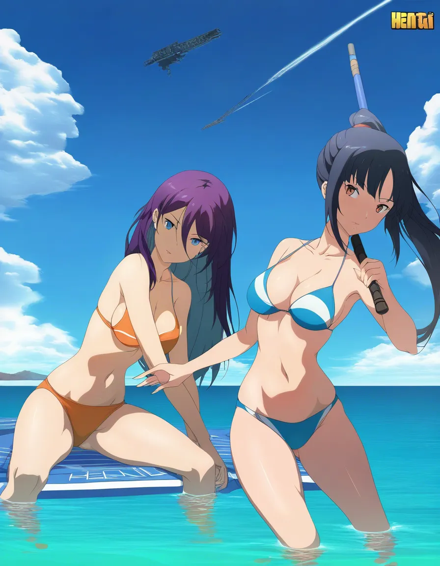 ultra detailed shading, 2girls, over the shoulder glance, spread legs, medium breasts, ocean, hentai style, hentai_studio_quality