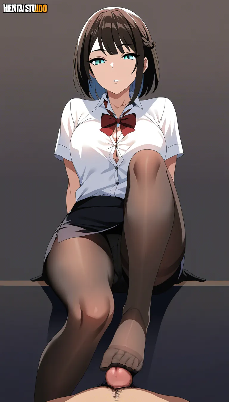 highly detailed, vibrant, male focus, footjob, petite adult woman, bowtie, soft anime shading