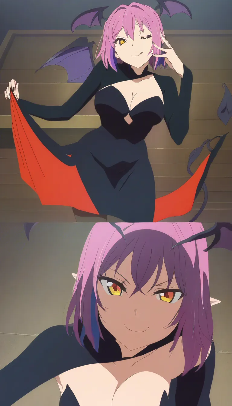 best quality, polished, succubus, cocktail dress, presenting, playful expression, close-up, soft cel shading, (anime style:1.3), 2d, anime screencap, cel shading, flat color, @00osamio00