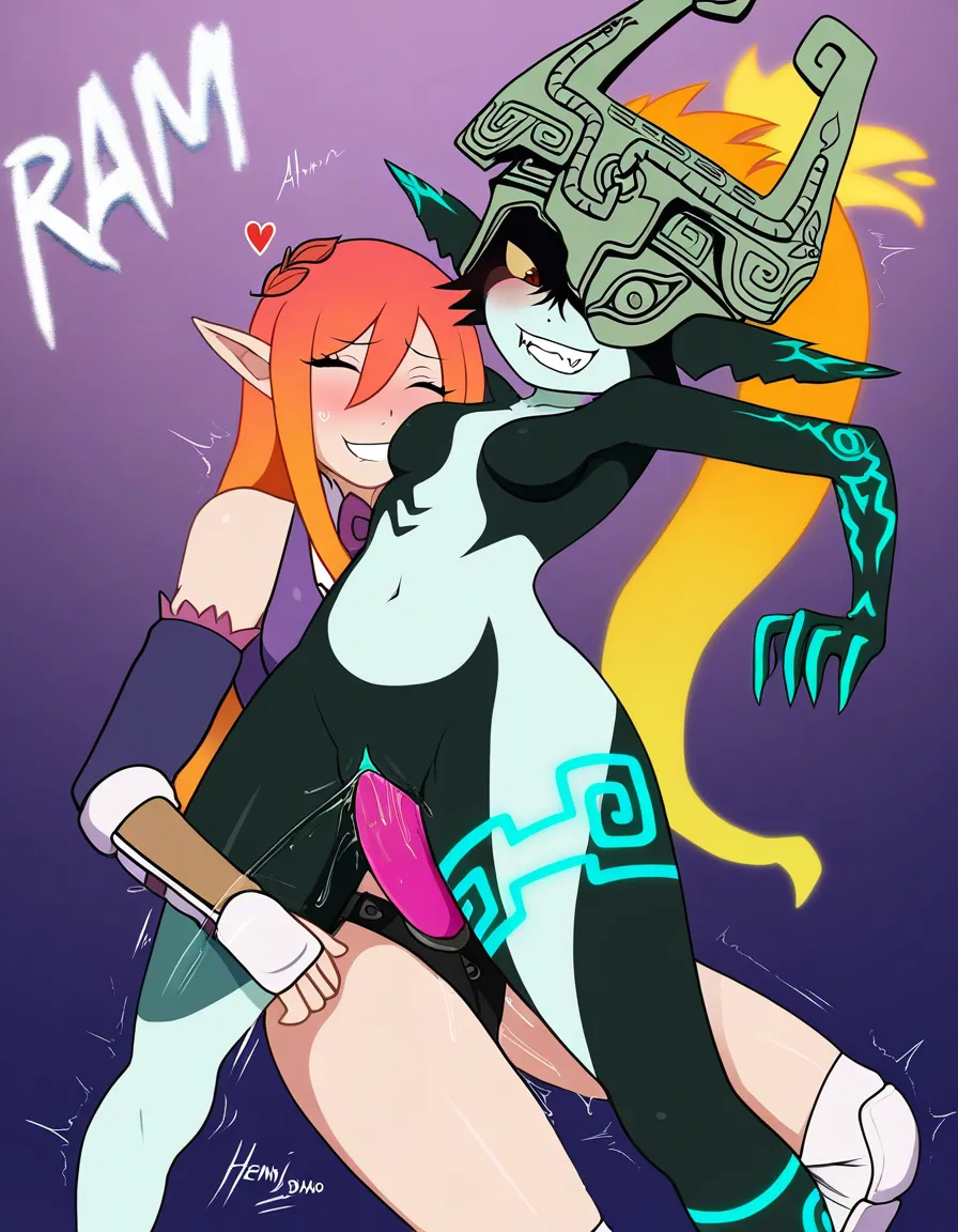 2girls yuri sex, @ram_(re:zero) @midna , wrestling defeated, orgasm pussy_juice , strap-on vaginal_object_insertion, hentai_studio_quality