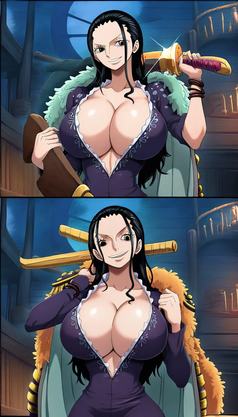 (masterpiece, best quality, ultra-detailed, intricate details, detailed background, high-res, rich colors), doujinshi, art by Crimson, male pirate, smirking, wearing a coat, Nico Robin (from One Piece), massive breasts, clothing disheveled and open, 1 man and 1 woman, Japanese sound effects, Japanese speech bubbles, Japanese dialogue, panel layout. Scene 1: female, looking embarrassed, blushing, lying on her back, panting intensely; male, highly aroused, performing missionary sex from above, thrusting with incredible speed (motion blur/afterimage visible behind his hips), full-body shot of both. Scene 2: male, missionary position, penis inserted to the hilt, deep kissing; female, lying on her back, moaning, medium shot. Scene 3: male, expression of intense pleasure, woman in a seated position facing away, fondling her breasts, thrusting deeply into her while slamming his hips against her buttocks, massive internal ejaculation (creampie); female, looking overwhelmed/strained, reaching the peak of pleasure, moaning loudly (as if screaming), full-body shot of both. Additional settings: detailed character appearances, cel-shading, sharp focus, dynamic composition, inside a ship's cabin, deep shadows, hentai_studio_quality