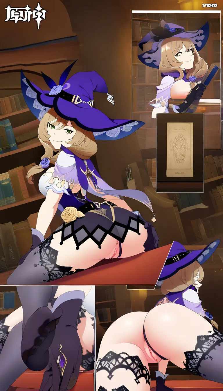 Lisa from genshin impact, manga panel look, from behind, provocative sitting, looking on viewer, sultry smile, Panties aside, library, pussy lips, hentai_studio_quality, hentai_studio_quality, hentai_studio_quality, hentai_studio_quality