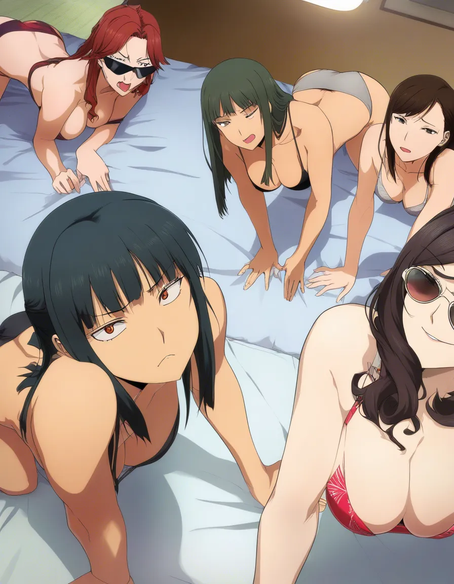 cinematic photo, 8k, medium shot, 4girls, on all fours, sunglasses, bed, playful expression, RAW photo, hentai_studio_quality