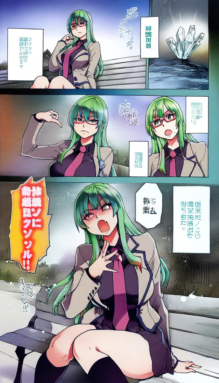 Shiwasu no Okina, masterpiece, best quality, ultra-detailed, fine texture details, rich colors, sharp focus, manga page, comic page, multi-panel layout, professional composition; a high school girl with long green hair licks a white ice pop while sitting on a park bench; the ice pop does not diminish despite being licked; the ice pop is actually a man who transformed himself into that form using magic; the man, now an ice pop, feels a sense of pleasure as his entire body is licked; the high school girl licks the ice pop with great care; a cloudy white fluid is released from the tip of the ice pop into the girl’s throat; dynamic composition, Japanese sound effects, Japanese speech bubbles., hentai_studio_quality
