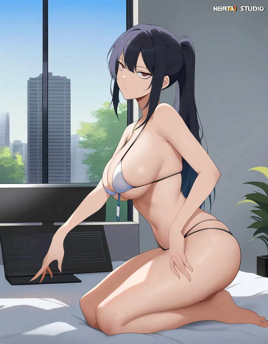 ultra detailed, office lady, stomach, bikini, kneeling on bed, day, dominant stare, detailed shading, hentai_studio_quality