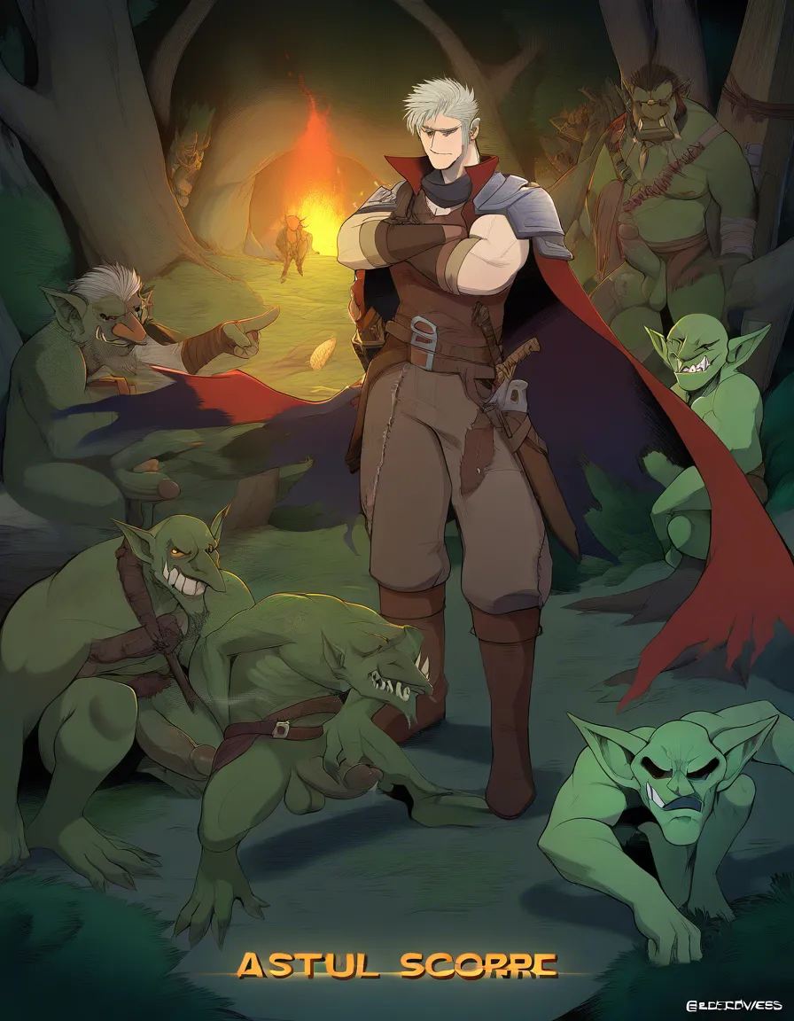 A group of many male goblin-dwarves—wearing loincloths, with green skin and large penises peeking out from their loincloths, and carrying daggers—standing in a forest with lustful smiles; each goblin is distinct with unique features, surrounding the camera, and every one of them is very attractive., hentai_studio_quality