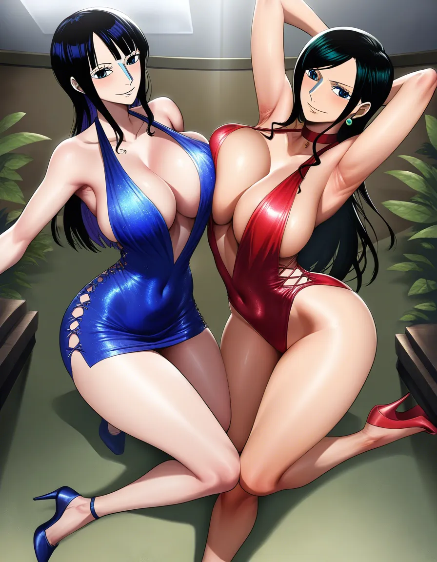 2girls @nami_(one_piece) @nico_robin symmetrical_docking short_dress high_heels, hentai_studio_quality