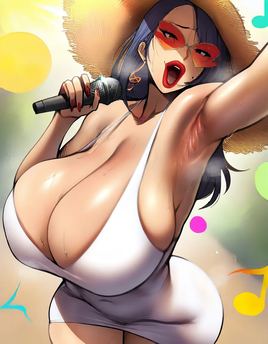 highres, vivid, mature_female huge_breasts huge_ass wide_hips sun_hat sundress skin_tight curvy plump arm_up thick lips red lips sweat sweat fetish sweaty armpits holding_microphone singing jazz music musical_note jazzy sultry lustgul gaze glasses, hentai_studio_quality
