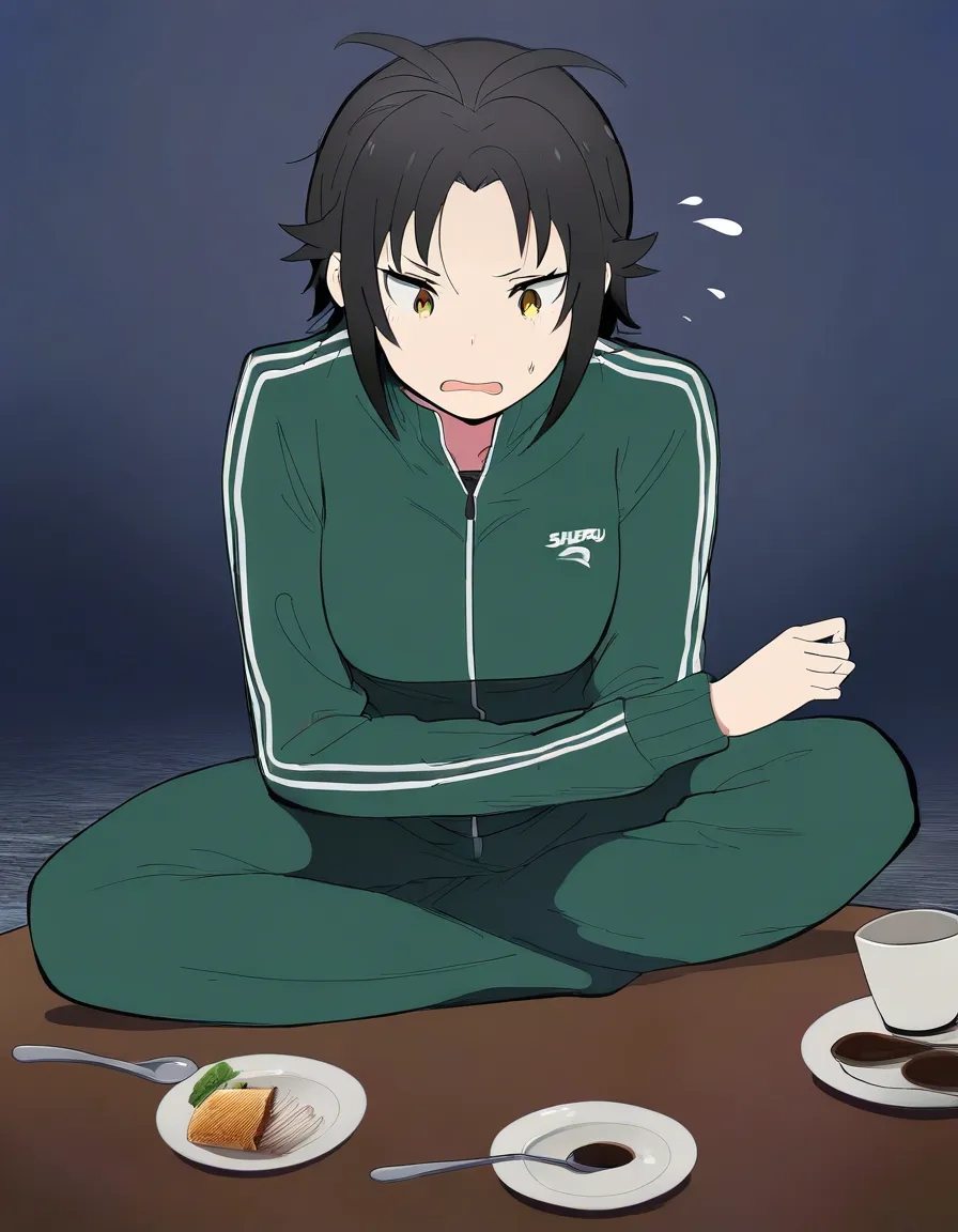 Subaru Natsuki from Re:Zero is sitting at a low Japanese dinner table and accidentally drops his spoon on the floor.
Simple clean anime style with bold black outlines, flat colors, and minimal shading (exactly like the reference image style).
Subaru is wearing his blue tracksuit, black hair slightly messy, looking down with a surprised expression as the spoon falls. Tsunade is nearby at the table, still only wearing a loose shirt with no bra and panties, her large breasts and large nipples visible.
Traditional Japanese room with wooden floor, soft indoor lighting, subtle Dandadan atmosphere. Clean composition, sharp clean lines, flat vibrant colors., (anime style:1.3), 2d, anime screencap, cel shading, flat color, @00osamio00