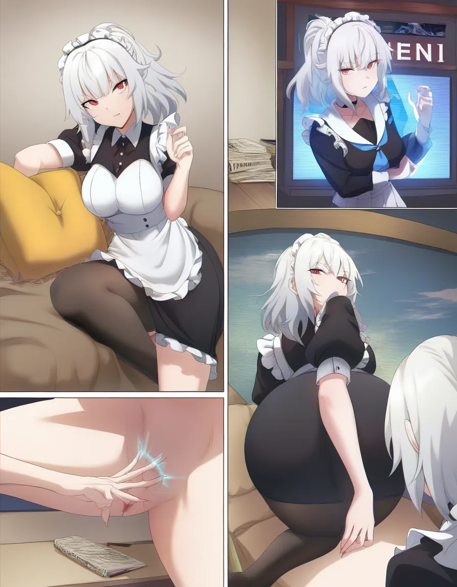 absurdres, highres, maid, leg up, buttons, white hair, pillow, manga panel look, hentai_studio_quality