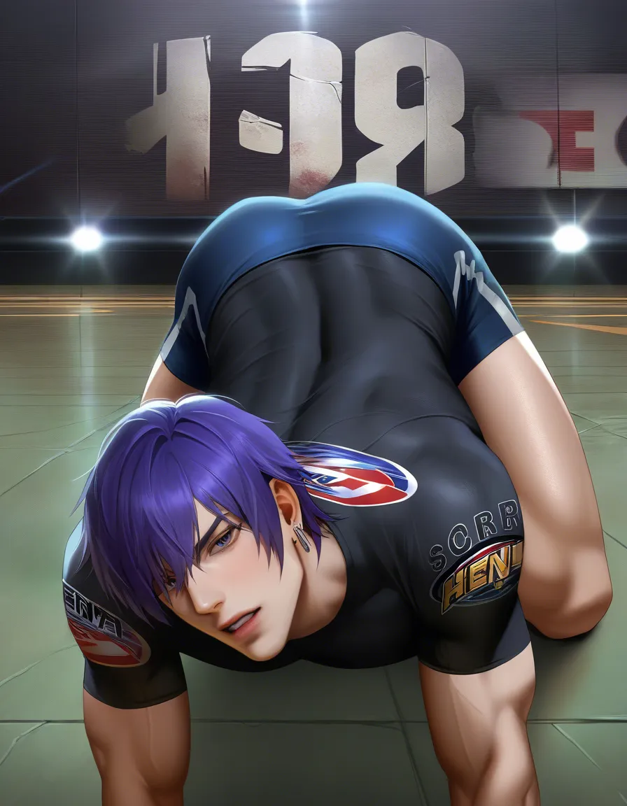 best quality, hyperrealistic, male focus, purple hair, earrings, on all fours, film photography, hentai_studio_quality