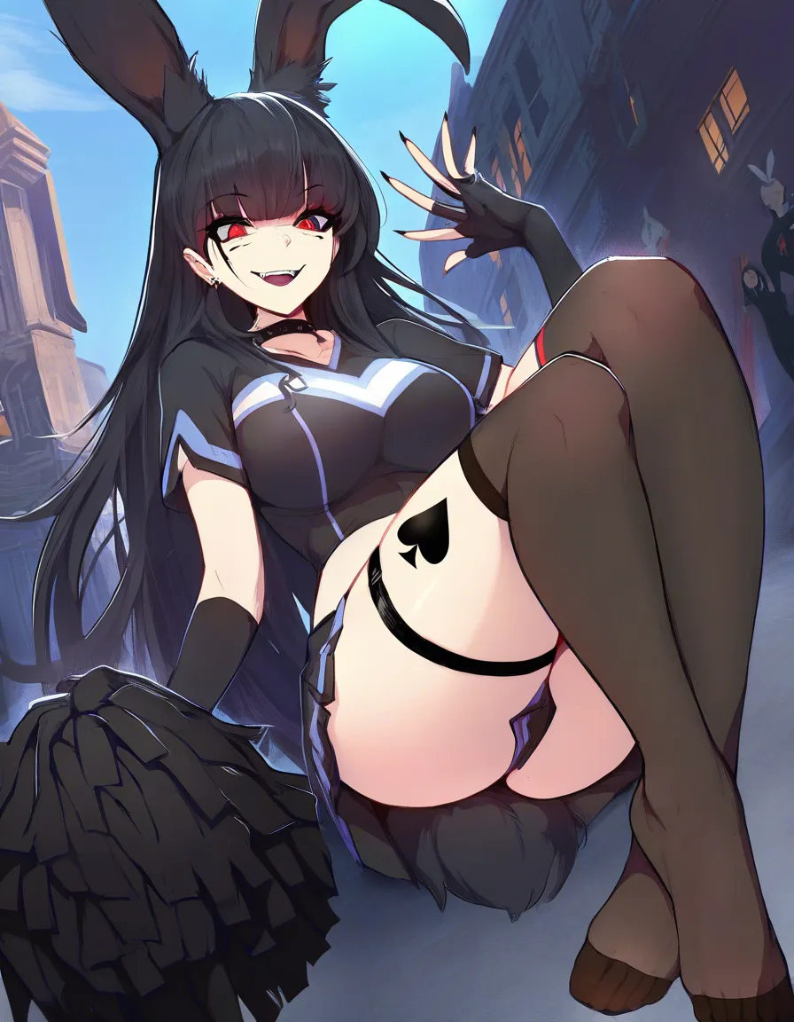 masterpiece, clean art, solo_focus , 1girl, long_hair, eager , encouraging, goth, black_hair , hand_up , perfect feet , thighhighs, rabbit_ears , rabbit_tail, makeup , thighs , perfect anataomy, perfect proportions, spade tattoo on thigh, happy, cheerleader, standing  , chearleading, light_smile, blush, tongue_out, leash , full_body , holding_tray, hentai_studio_quality, hentai_studio_quality
