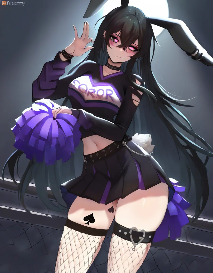 masterpiece, clean art, 1boy , 1femboy , long_hair, eager , goth, black_hair , hand_up , fishnets , rabbit_ears , rabbit_tail, makeup , thighs , perfect anataomy, perfect proportions, perfect spade tattoo on thigh, heart-shaped_pupils , cheerleader , blush , penis, BBC , interacial, on_back , smile, looking_at_viewer, cum_on_clothes , skirt , hentai_studio_quality, hentai_studio_quality
