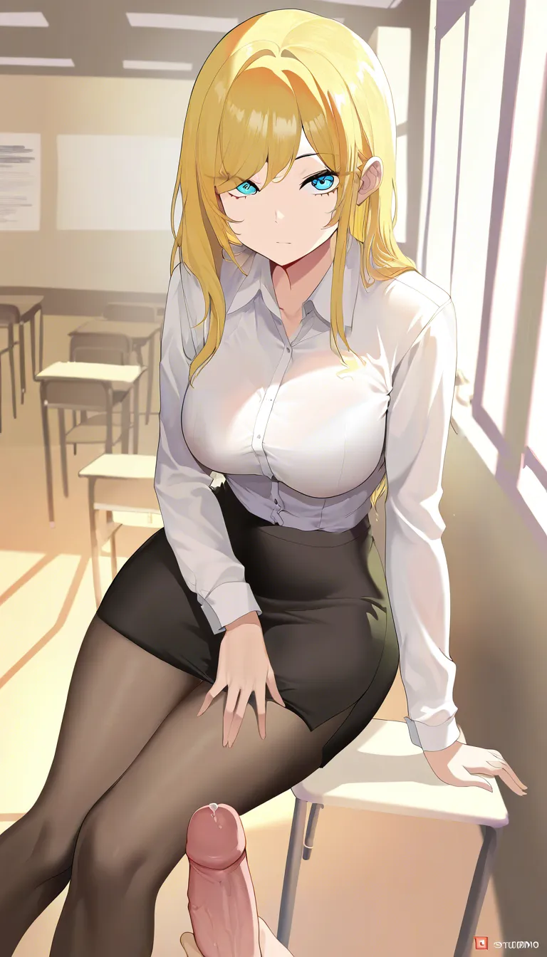 Female teacher, with blonde_hair, blue eyes, wearing white office shirt and black office skirt, sitting on chair, looking_at_viewer sideways_glance, in classroom, pov viewer masturbating by stroking penis with one hand.
