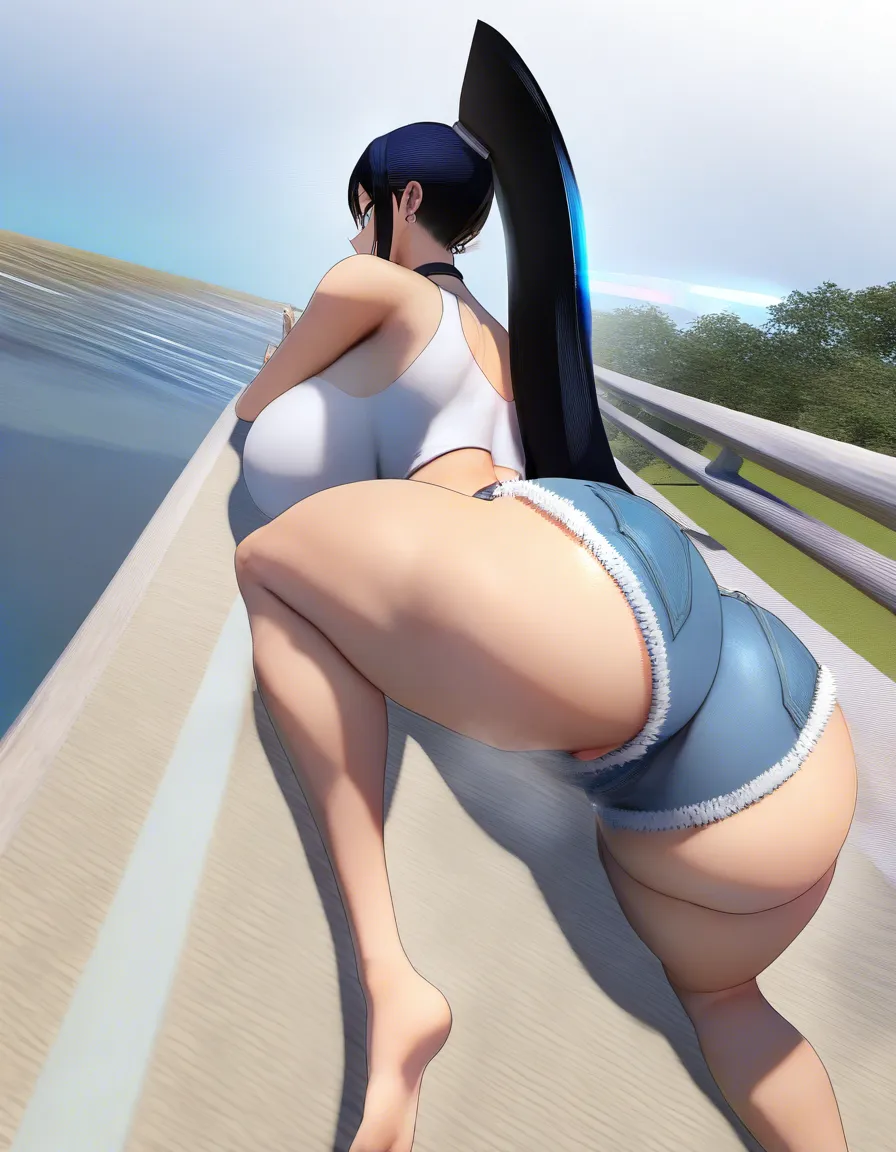 Anime girl with long black hair in a high ponytail, massive breasts straining against a white crop top, thick thighs and fat ass barely covered by tiny denim shorts with white fur trim, score_9, score_8, 3d render, octane render, subsurface scattering, ray tracing, smooth shading in a cave entrance, score_9, score_8, 3d render, octane render, subsurface scattering, ray tracing, smooth shading, hentai_studio_quality, score_9, score_8, 3d render, octane render, subsurface scattering, ray tracing, smooth shading