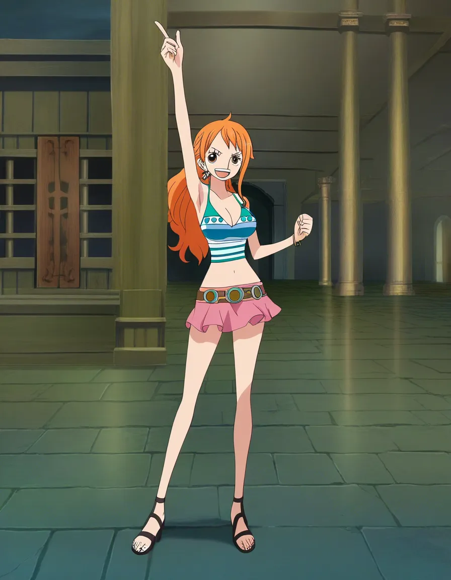 Nami from one piece wearing mini skirt, (anime style:1.3), 2d, anime screencap, cel shading, flat color